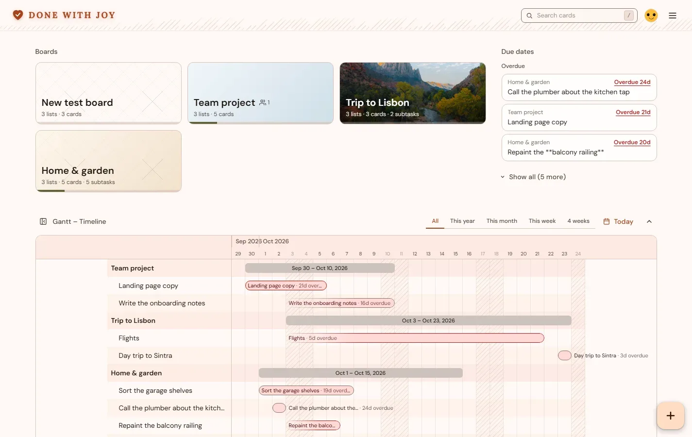 All your boards: Every board at a glance — progress, due dates and what is shared with you.