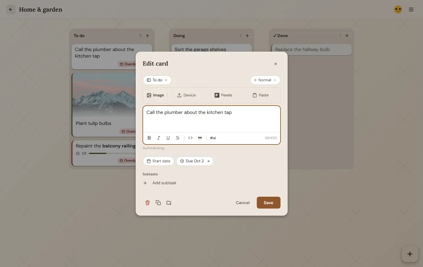 Everything on a card: Text with formatting, subtasks, dates, priority and pictures.